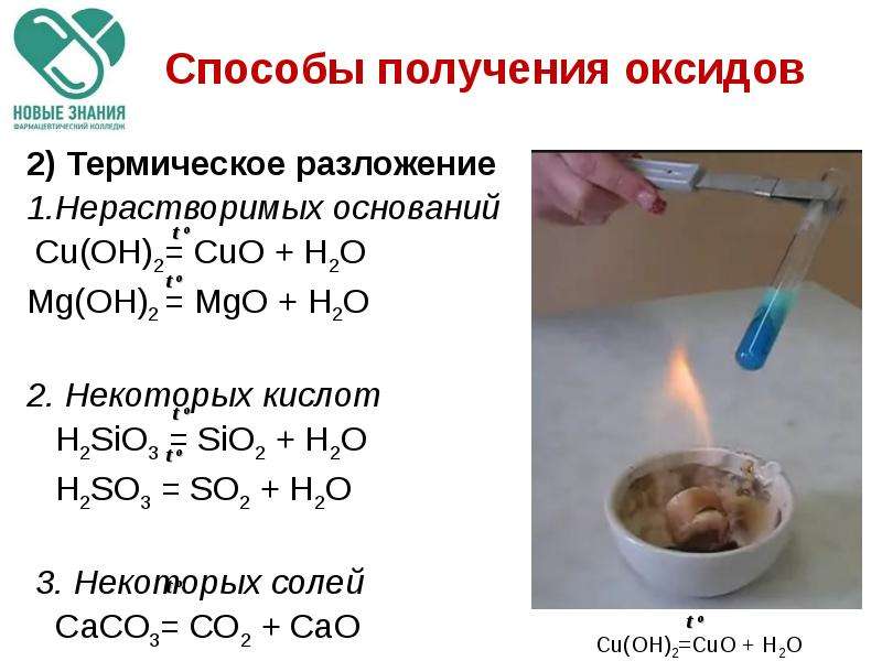 Реакция разложения гидроксида калия. Способы получения оксидов.